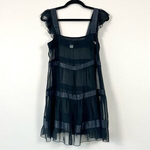 Odille x Anthropologie Black Silk Babydoll Mini Tunic Dress